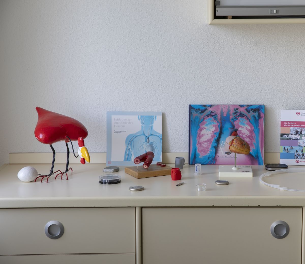 Sideboard mit Huhn-Skulptur und verschiedenen Büchern und Modellen zum Thema Herz